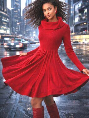 Calvin Klein Ribbed Cowl Neck Fit & Flare Sweater Dress Red M Pleated